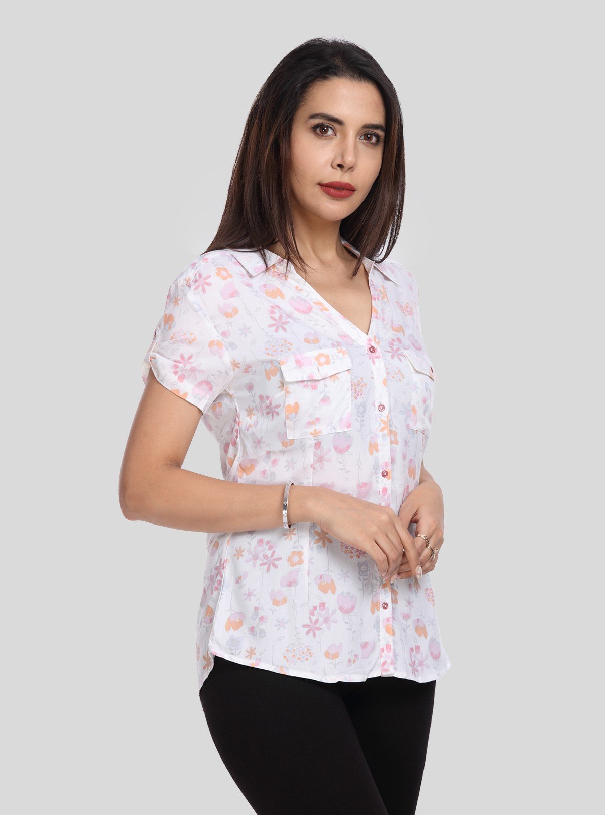 Women’s White Shirt with Orange Floral Print – Short Sleeve Style - Boer and Fitch
