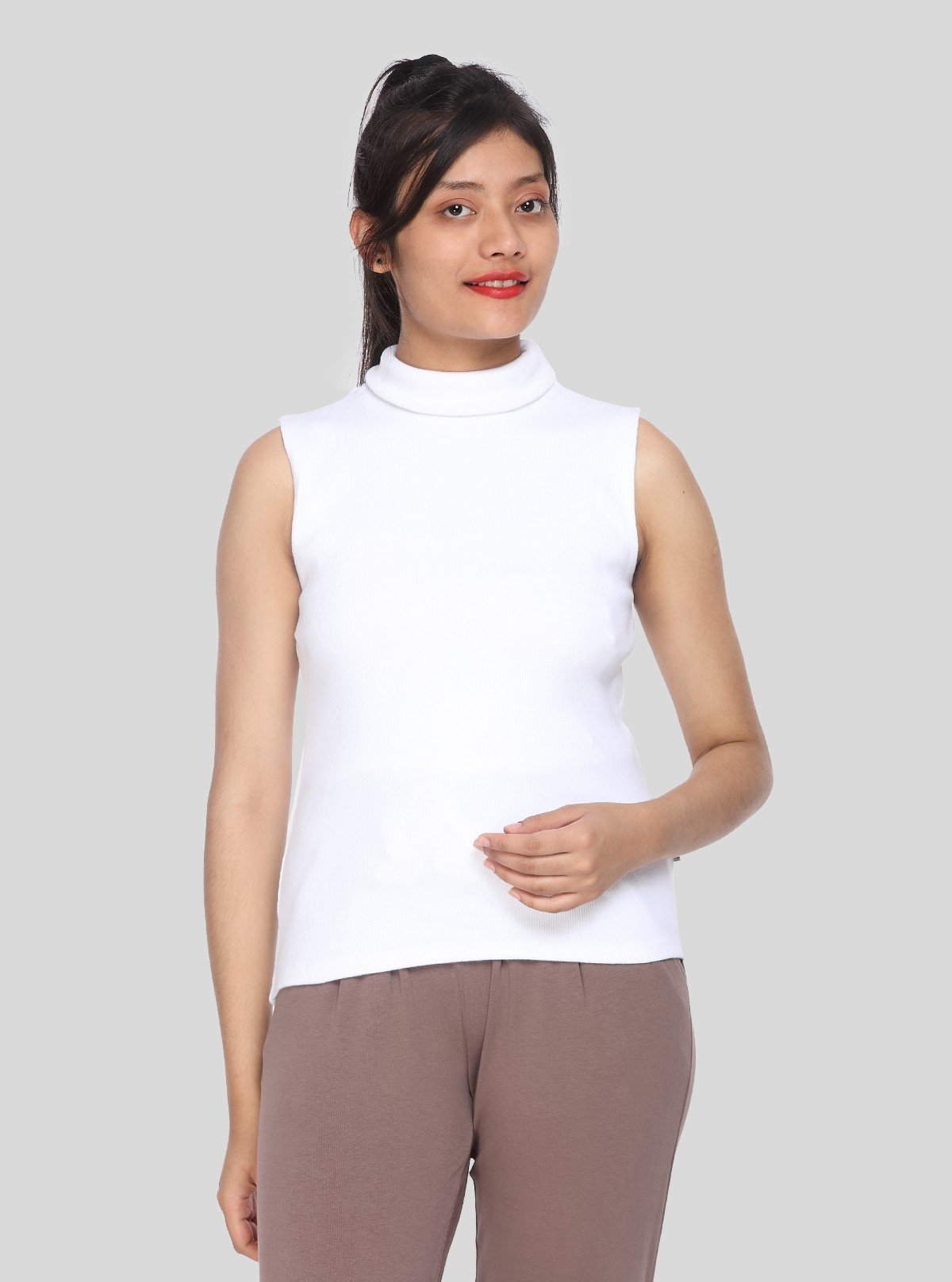 Women’s White Sleeveless Cotton Ribbed Turtle Neck Top - Boer and Fitch