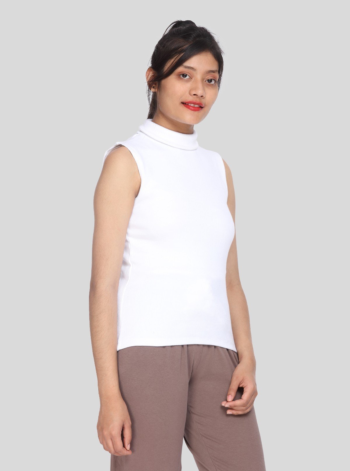Women’s White Sleeveless Cotton Ribbed Turtle Neck Top - Boer and Fitch