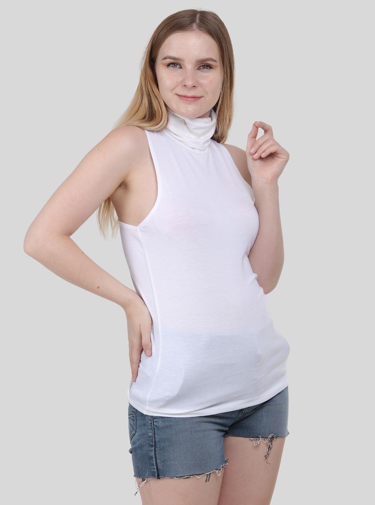 Women's White Sleeveless Turtle Neck Top – Elegant & Versatile Staple - Boer and Fitch