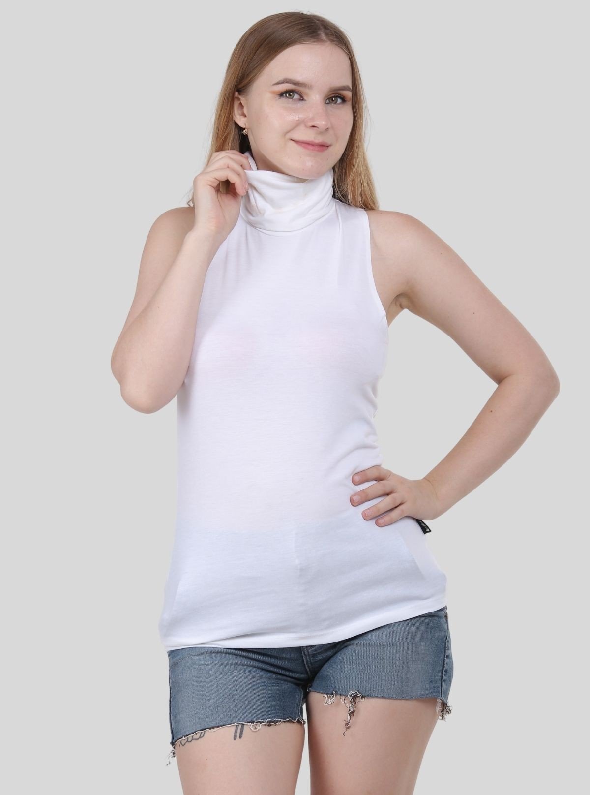 Women's White Sleeveless Turtle Neck Top – Elegant & Versatile Staple - Boer and Fitch