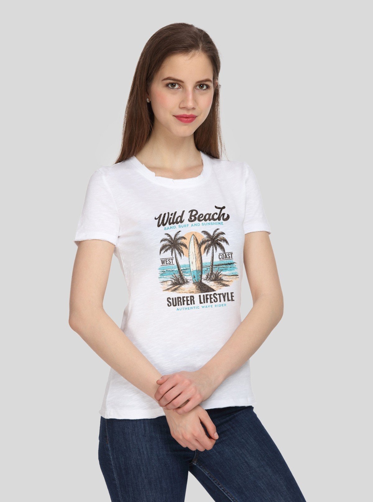 Women's White Slub Jersey Printed Crew Neck Cotton Short Sleeve T-Shirt by Boer and Fitch - Boer and Fitch