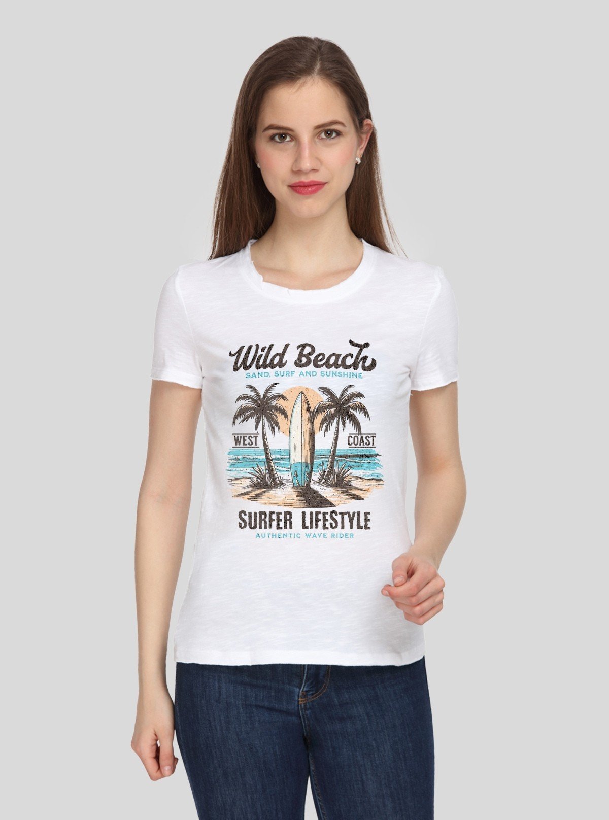 Women's White Slub Jersey Printed Crew Neck Cotton Short Sleeve T-Shirt by Boer and Fitch - Boer and Fitch