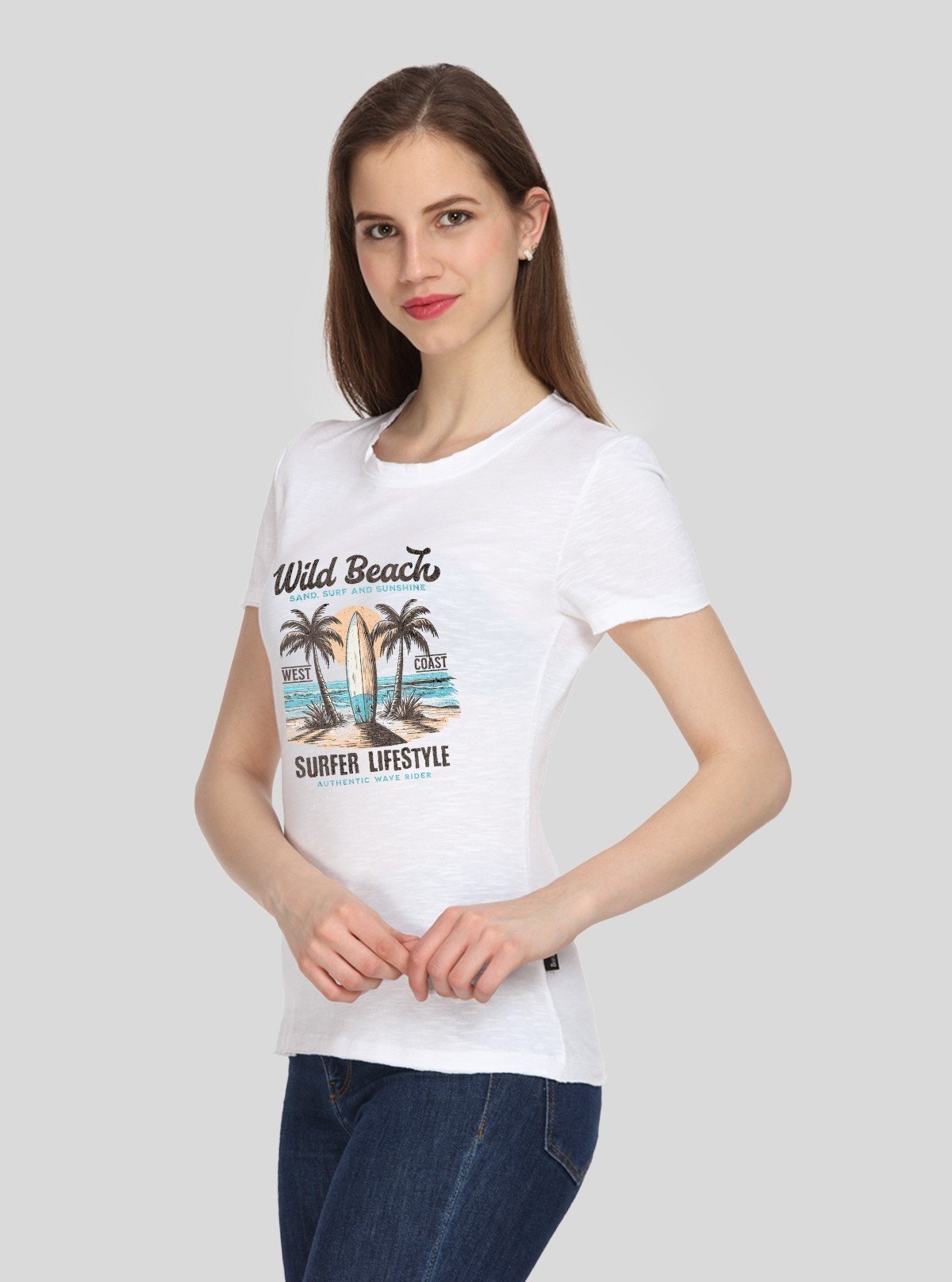 Women's White Slub Jersey Printed Crew Neck Cotton Short Sleeve T-Shirt by Boer and Fitch - Boer and Fitch