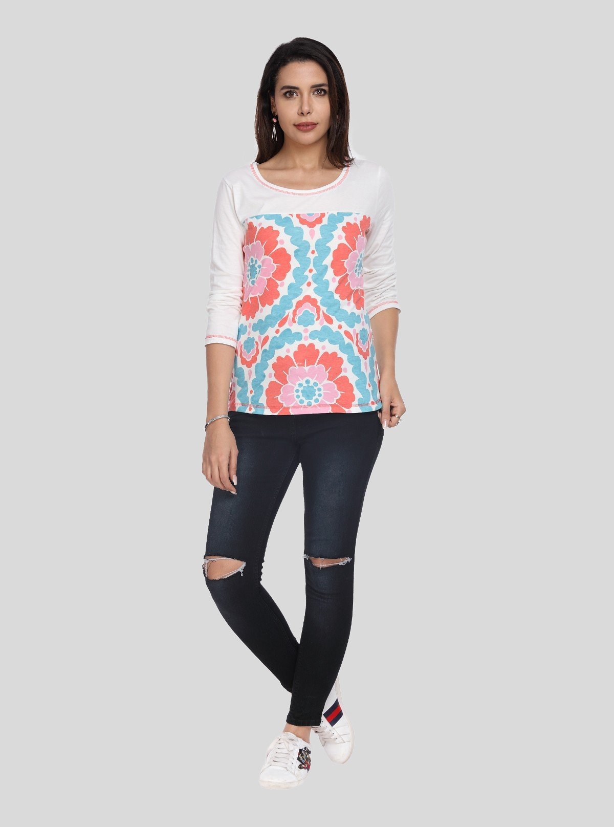 Women's White Spring Flower Printed Top – Fresh Floral Charm by Boer & Fitch - Boer and Fitch