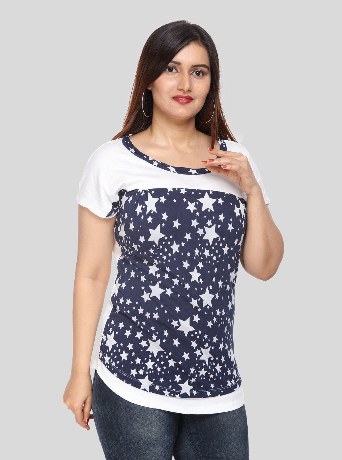 Women's White Star Print Short Sleeve Cotton Jersey Knit Top | Boer & Fitch - Boer and Fitch