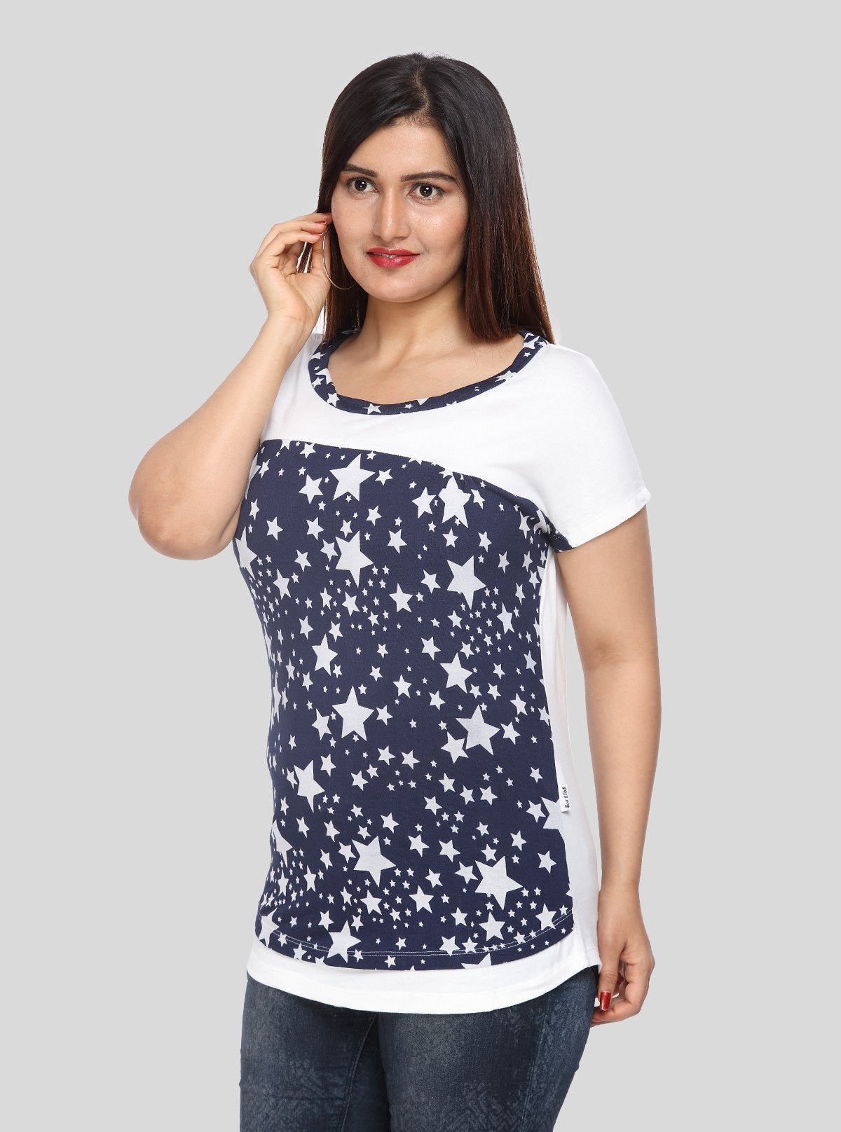 Women's White Star Print Short Sleeve Cotton Jersey Knit Top | Boer & Fitch - Boer and Fitch