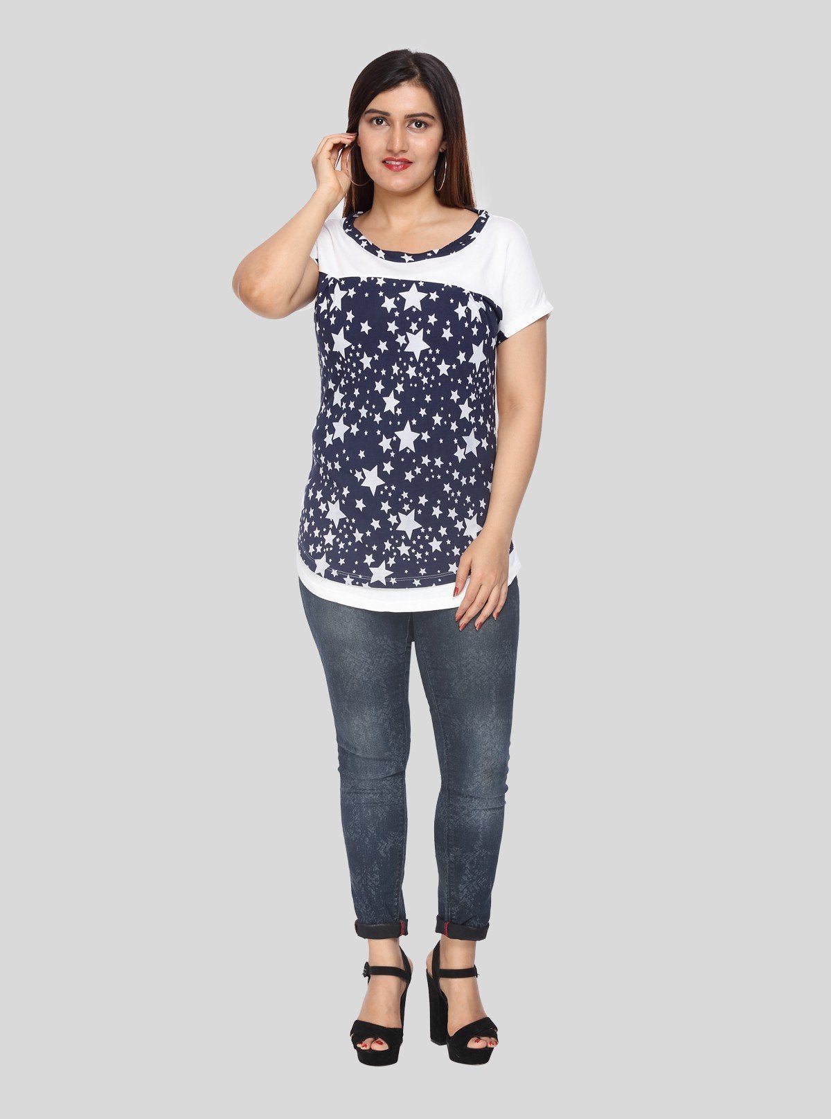 Women's White Star Print Short Sleeve Cotton Jersey Knit Top | Boer & Fitch - Boer and Fitch