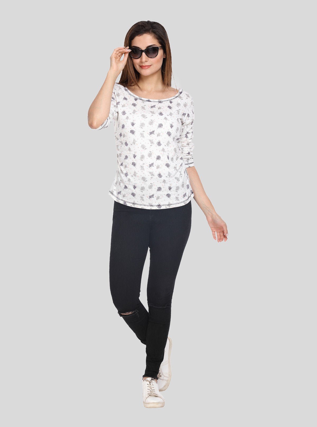 Women's White Tree Print Long Sleeve Cotton Jersey Top | Boer & Fitch - Boer and Fitch