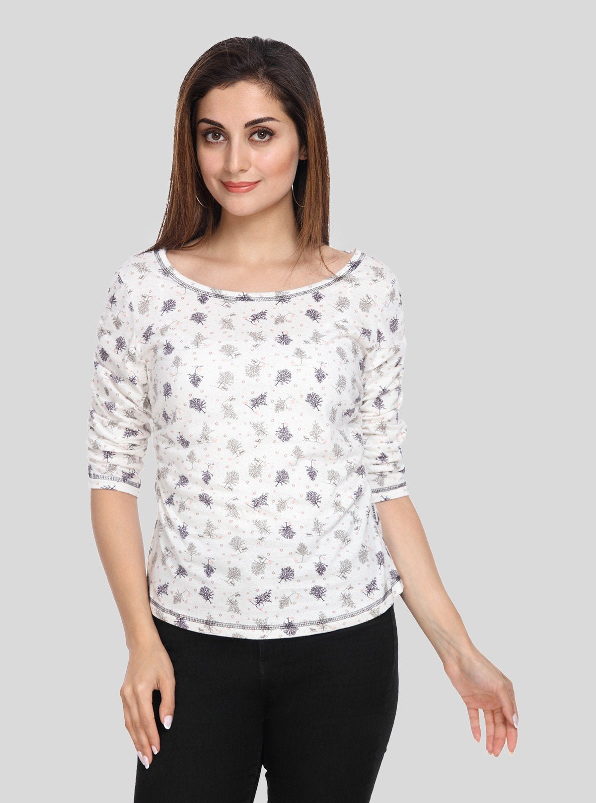 Women's White Tree Print Long Sleeve Cotton Jersey Top | Boer & Fitch - Boer and Fitch