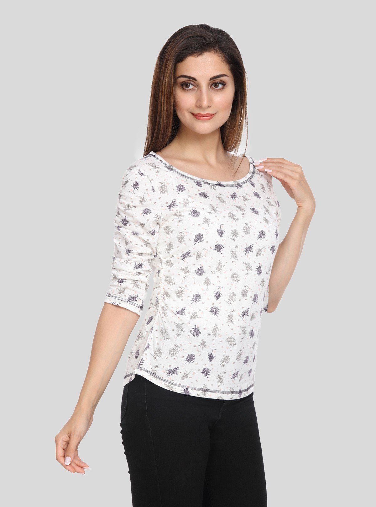 Women's White Tree Print Long Sleeve Cotton Jersey Top | Boer & Fitch - Boer and Fitch
