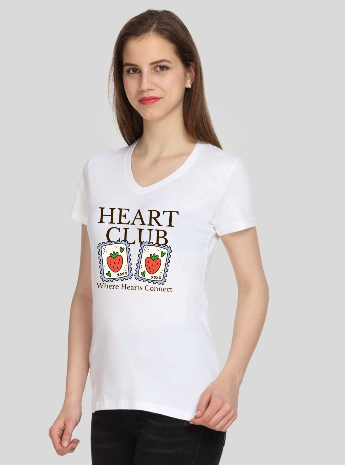 Women’s White V - Neck Heart Club Print Short Sleeve Cotton Jersey T-Shirt by Boer and Fitch - Boer and Fitch