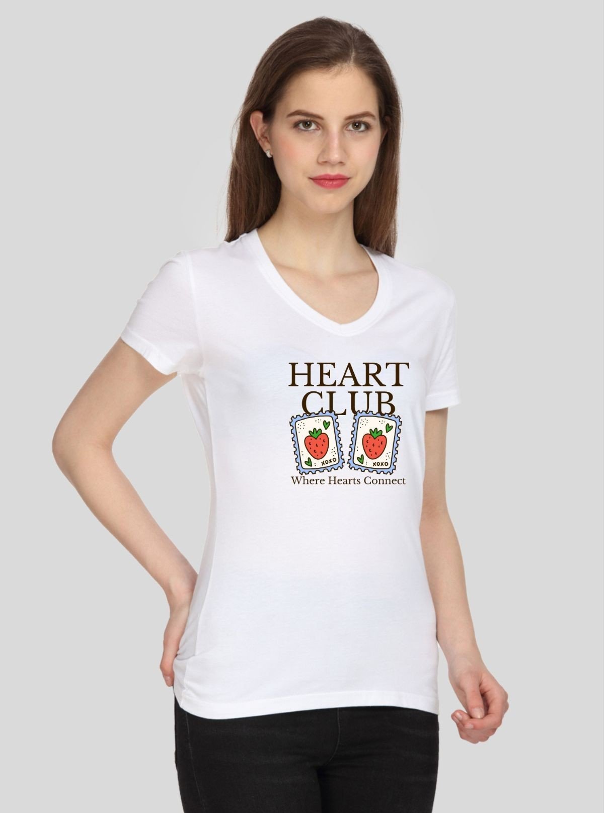 Women’s White V - Neck Heart Club Print Short Sleeve Cotton Jersey T-Shirt by Boer and Fitch - Boer and Fitch