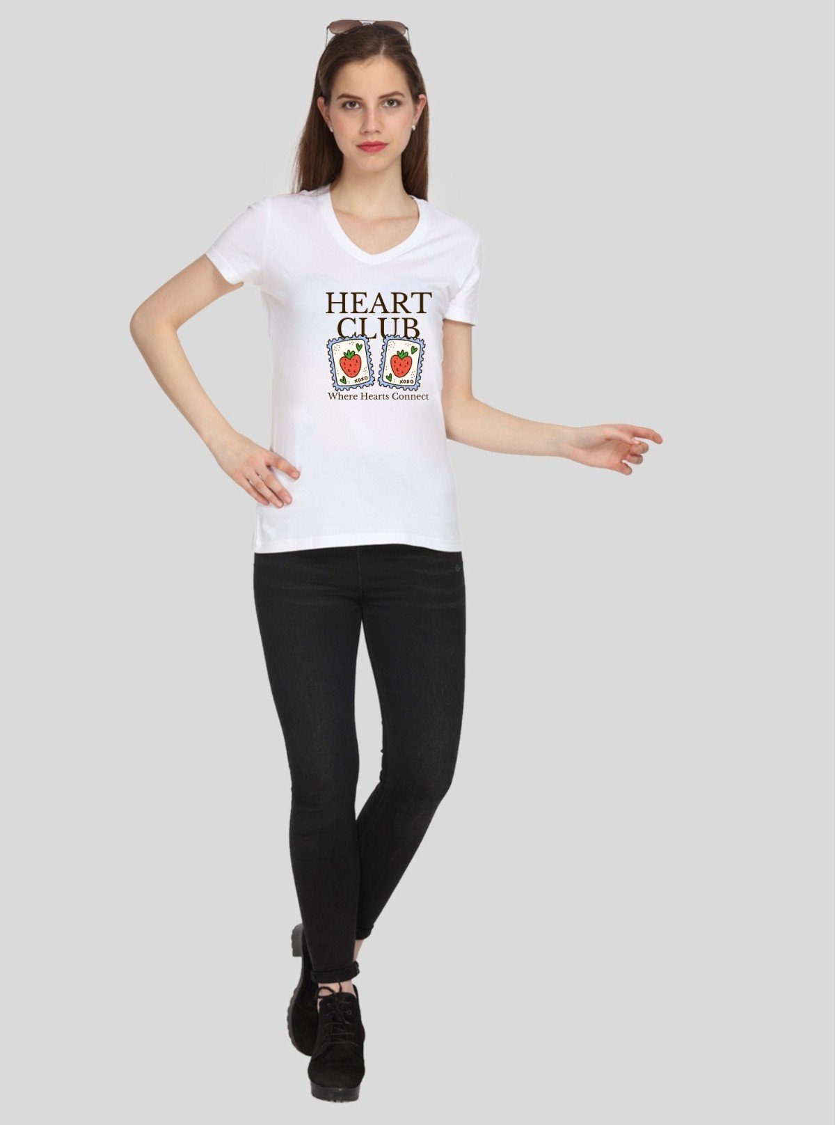 Women’s White V - Neck Heart Club Print Short Sleeve Cotton Jersey T-Shirt by Boer and Fitch - Boer and Fitch