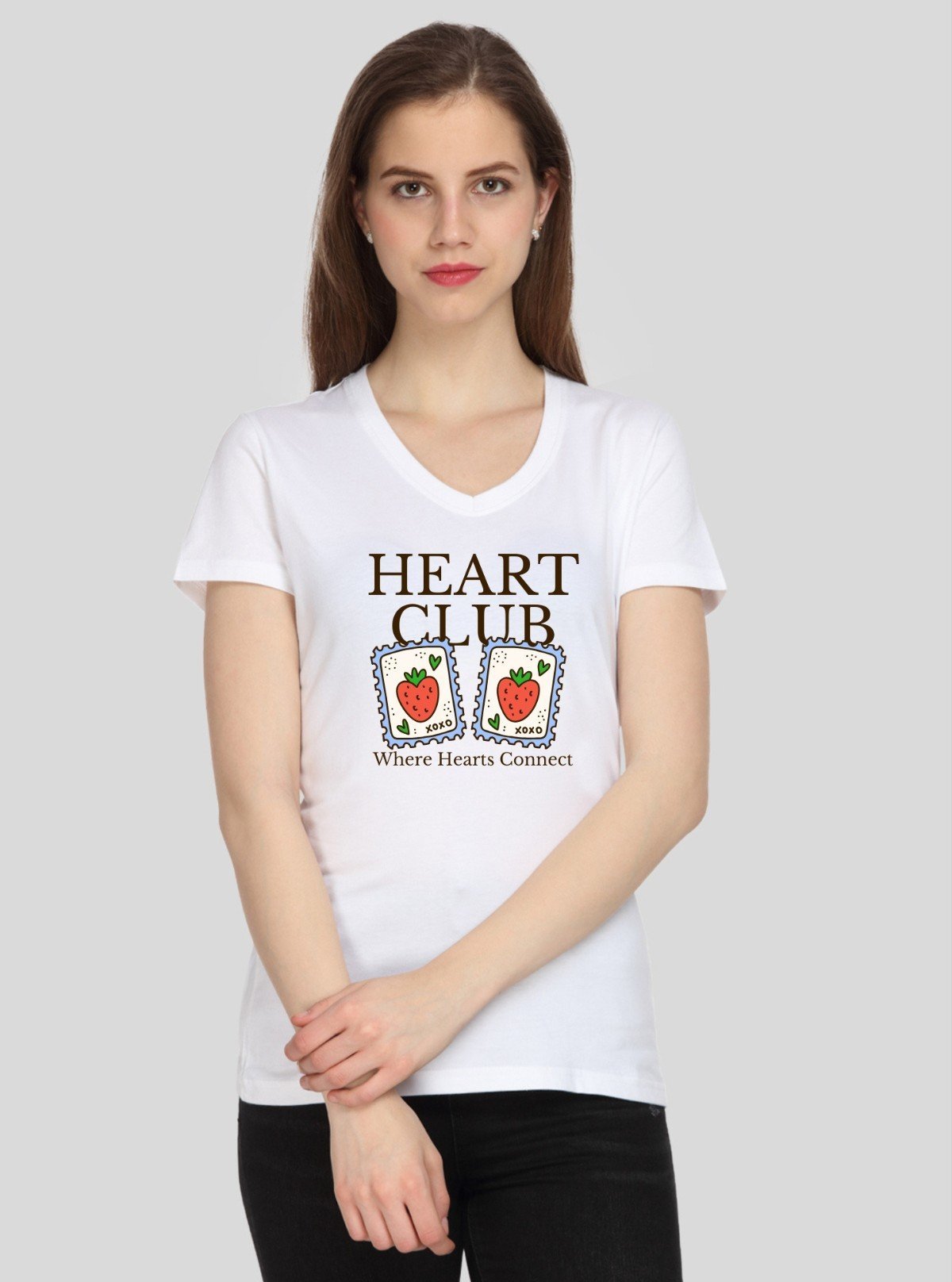 Women’s White V - Neck Heart Club Print Short Sleeve Cotton Jersey T-Shirt by Boer and Fitch - Boer and Fitch