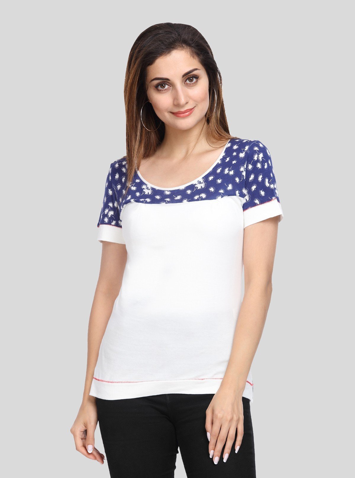 Women's White with Blue Floral Cut and Sew Cotton Jersey Top by Boer & Fitch - Boer and Fitch