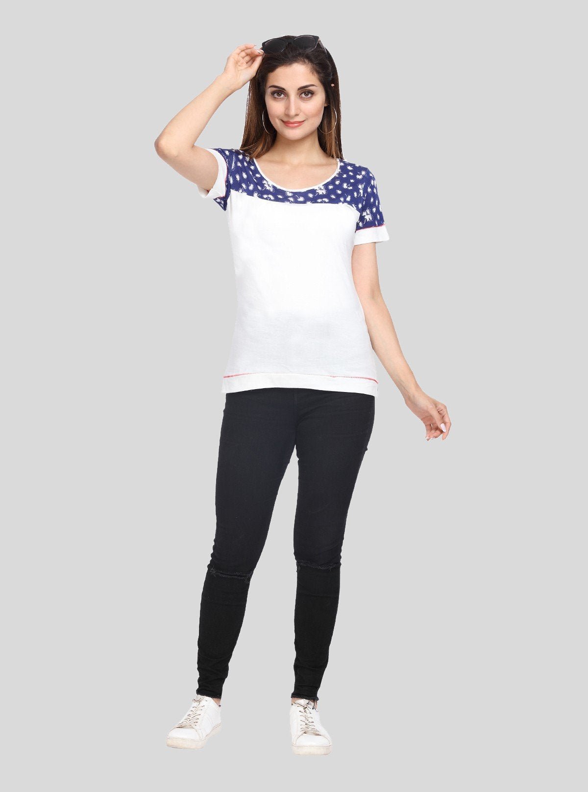 Women's White with Blue Floral Cut and Sew Cotton Jersey Top by Boer & Fitch - Boer and Fitch
