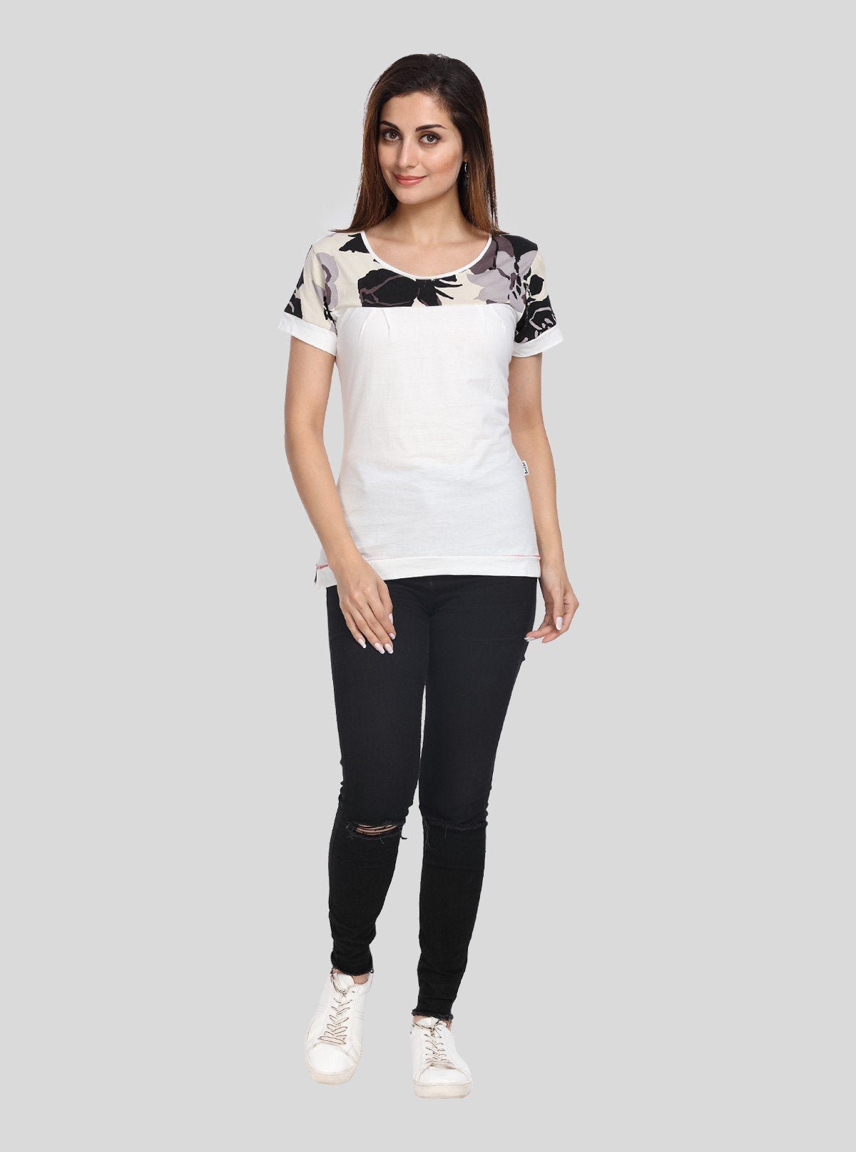Women's White with Ecru Floral Cut and Sew Cotton Jersey Top by Boer & Fitch - Boer and Fitch