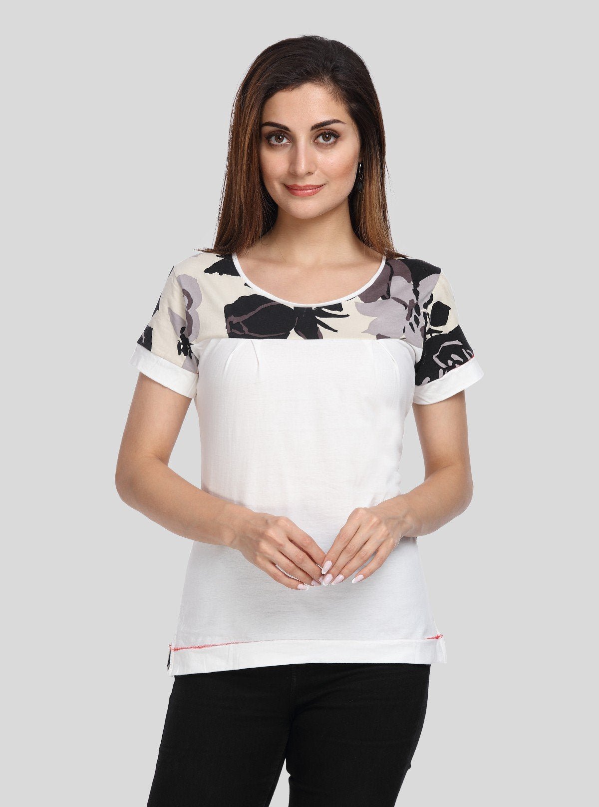 Women's White with Ecru Floral Cut and Sew Cotton Jersey Top by Boer & Fitch - Boer and Fitch