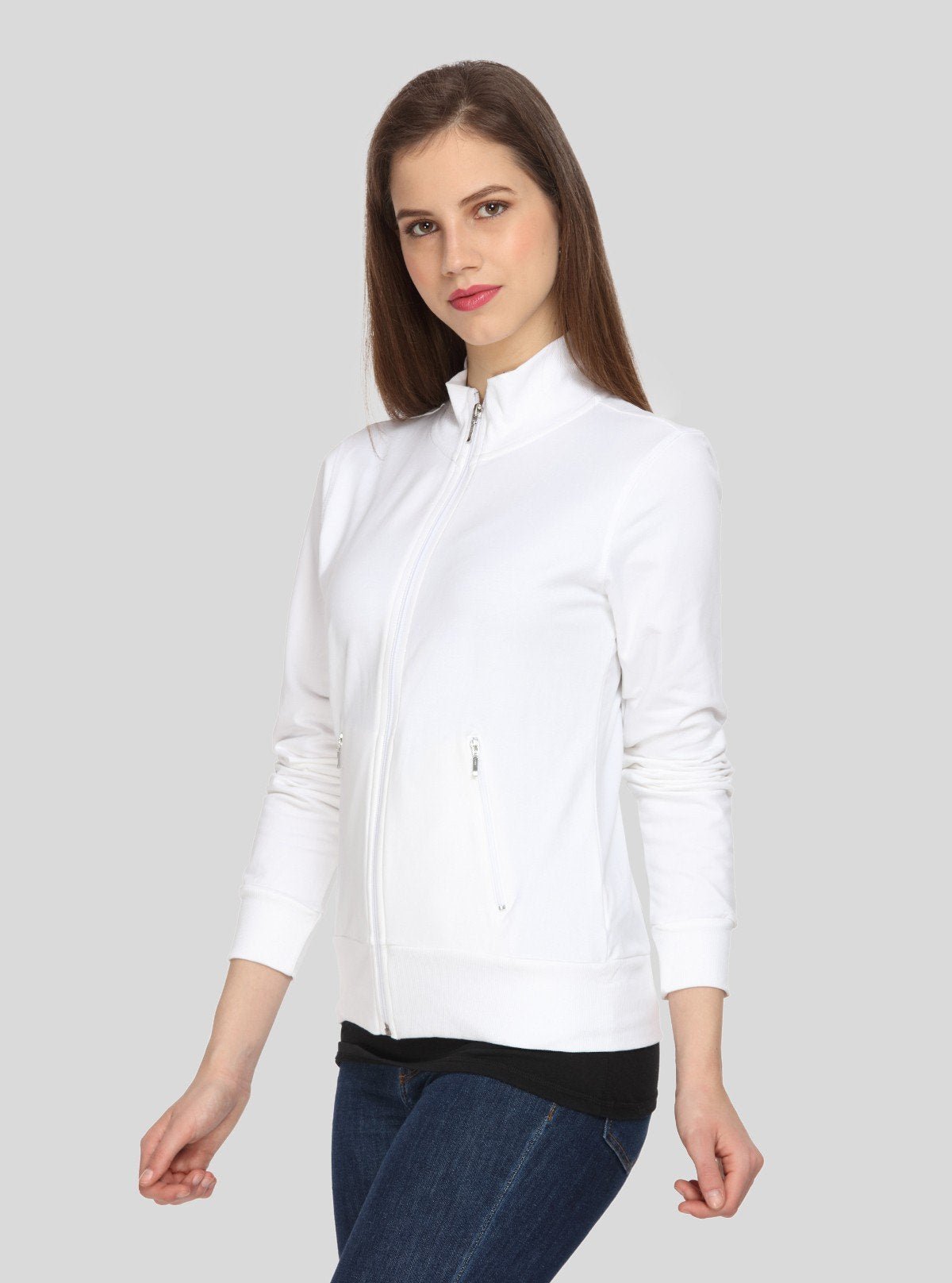Women’s White Zipper Sweatshirt in Soft Cotton Fleece with Full Sleeves - Boer and Fitch