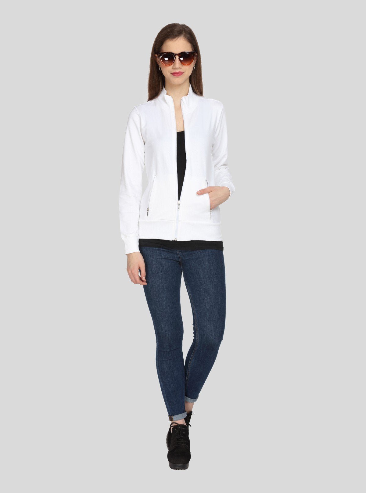 Women’s White Zipper Sweatshirt in Soft Cotton Fleece with Full Sleeves - Boer and Fitch
