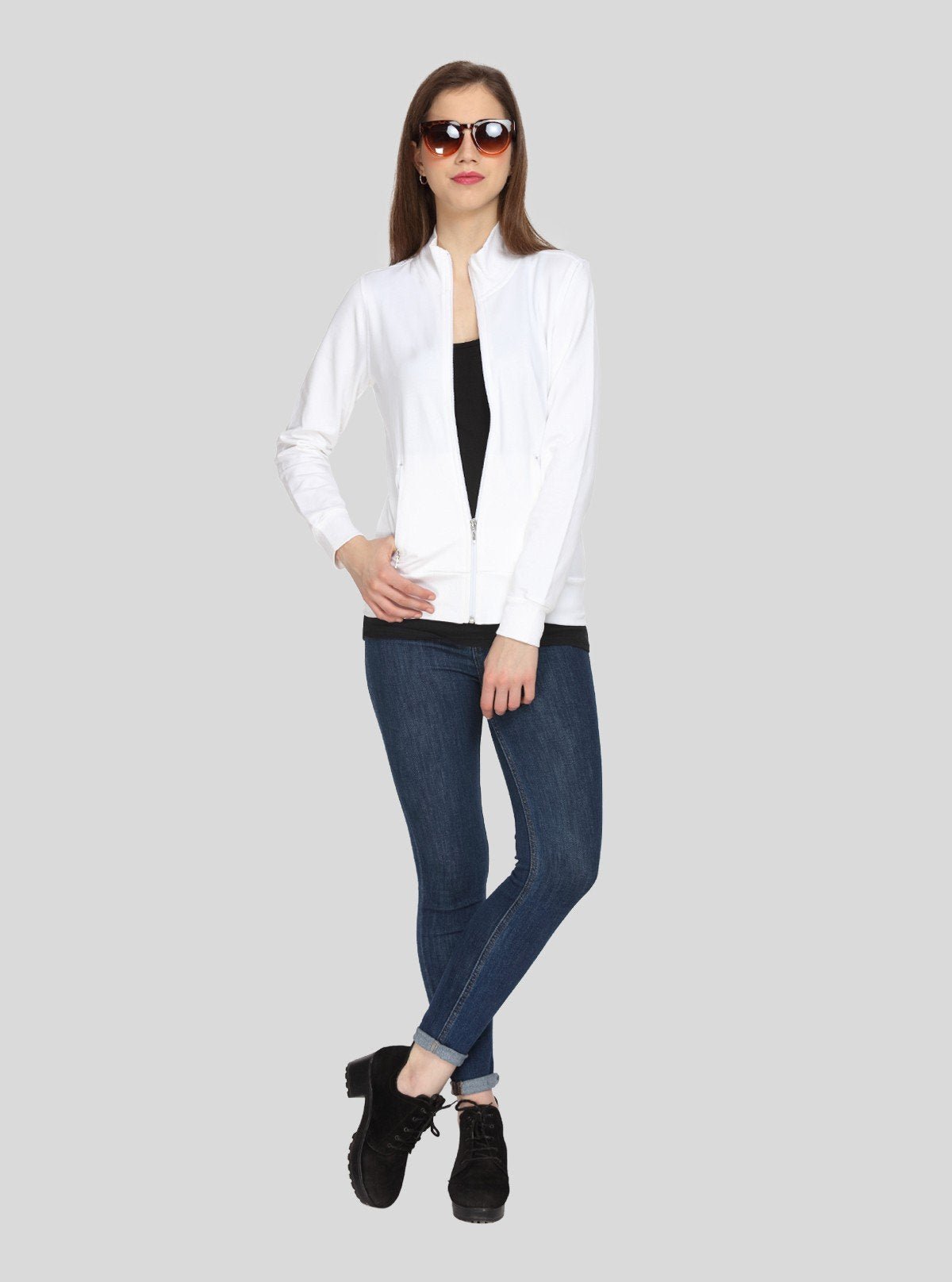 Women’s White Zipper Sweatshirt in Soft Cotton Fleece with Full Sleeves - Boer and Fitch