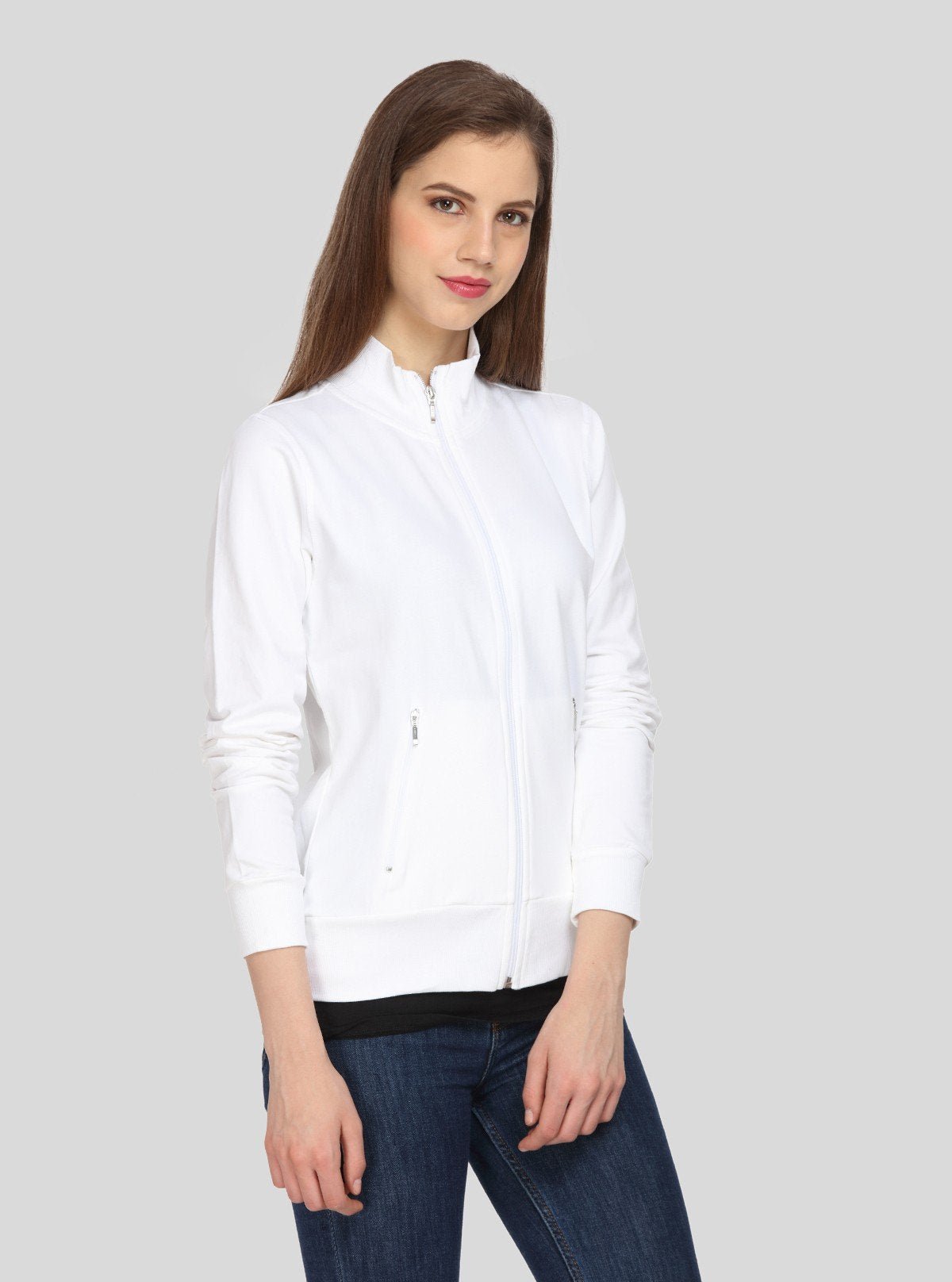 Women’s White Zipper Sweatshirt in Soft Cotton Fleece with Full Sleeves - Boer and Fitch