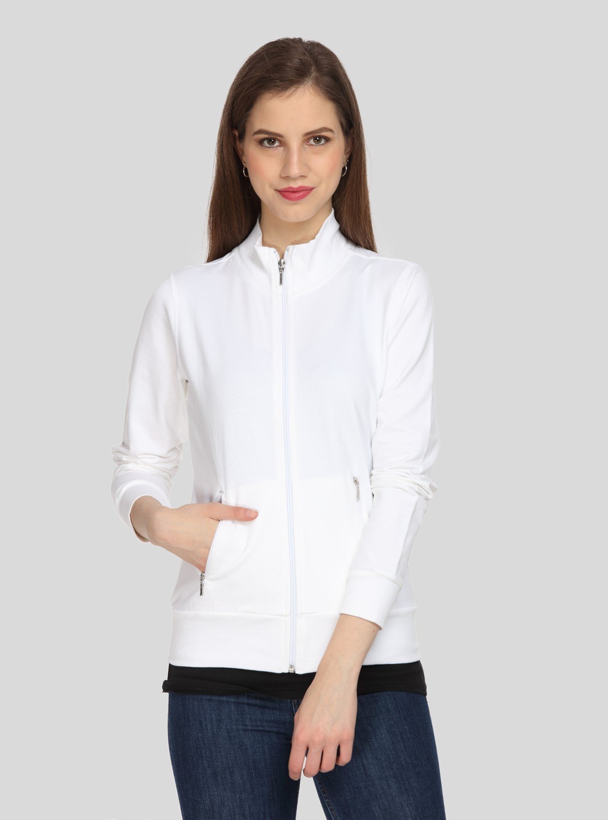 Women’s White Zipper Sweatshirt in Soft Cotton Fleece with Full Sleeves - Boer and Fitch