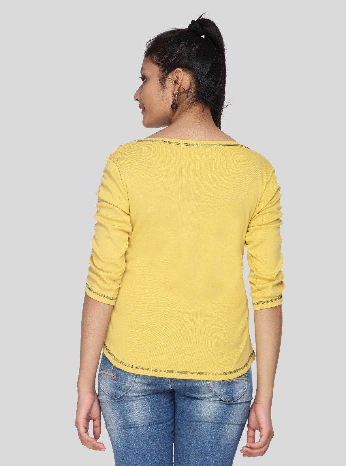 Women's Yellow Cotton Jersey Top with Pleated Sleeves | Boer & Fitch - Boer and Fitch
