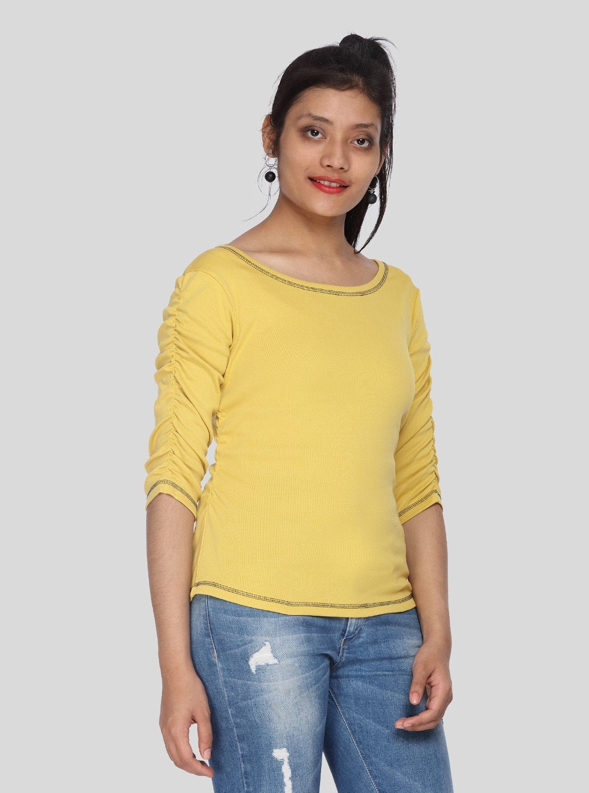 Women's Yellow Cotton Jersey Top with Pleated Sleeves | Boer & Fitch - Boer and Fitch