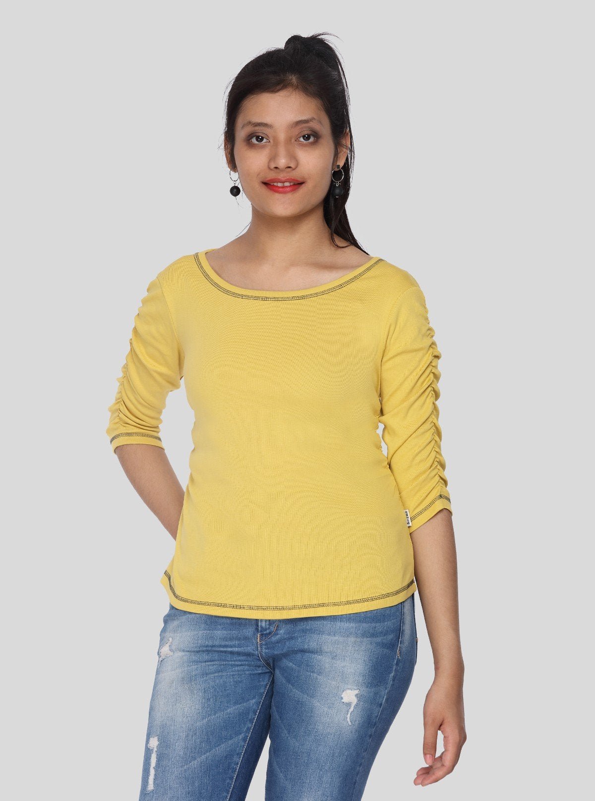 Women's Yellow Cotton Jersey Top with Pleated Sleeves | Boer & Fitch - Boer and Fitch