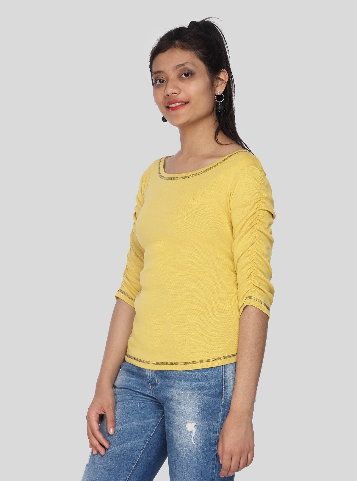 Women's Yellow Cotton Jersey Top with Pleated Sleeves | Boer & Fitch - Boer and Fitch