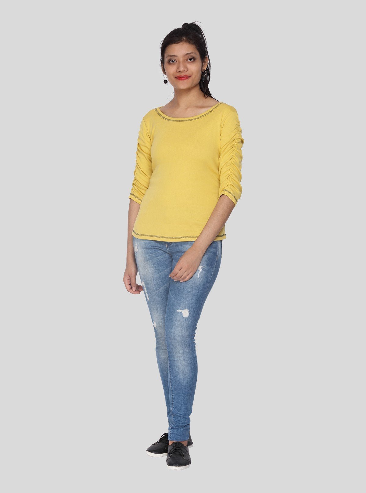 Women's Yellow Cotton Jersey Top with Pleated Sleeves | Boer & Fitch - Boer and Fitch