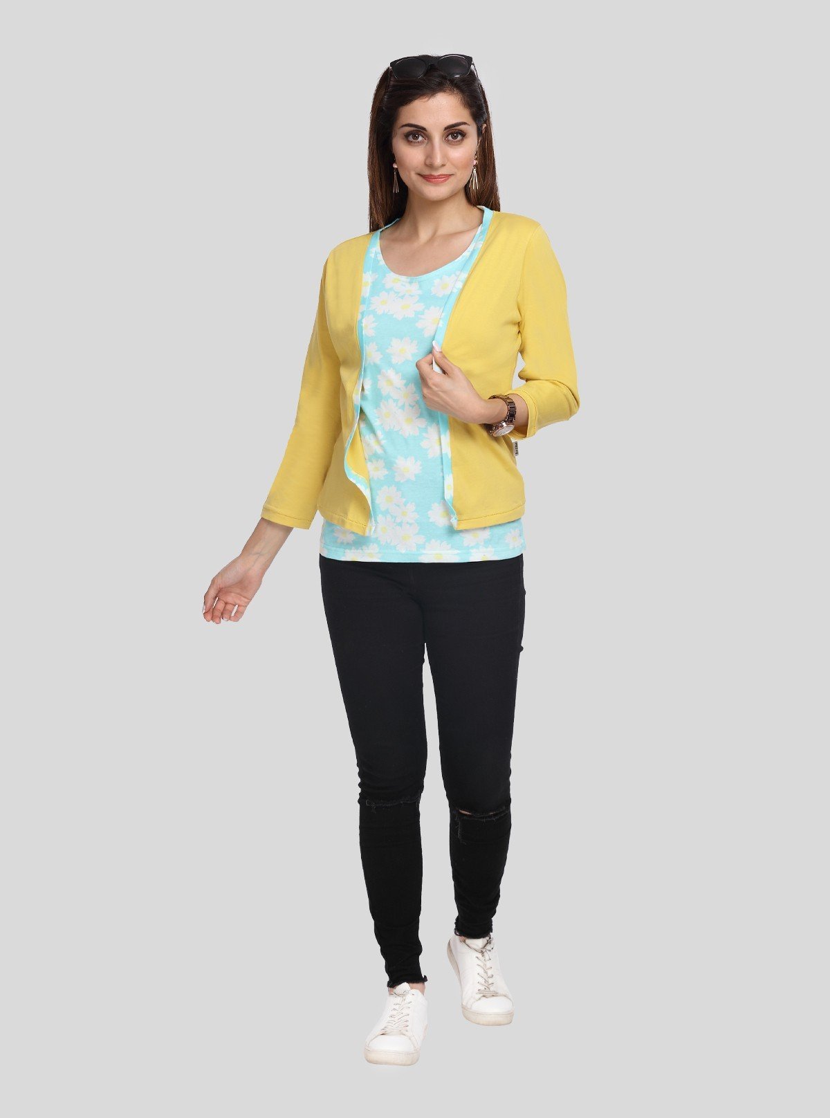 Women's Yellow Cotton Shrug with Blue Floral Print Top – Boer and Fitch - Boer and Fitch