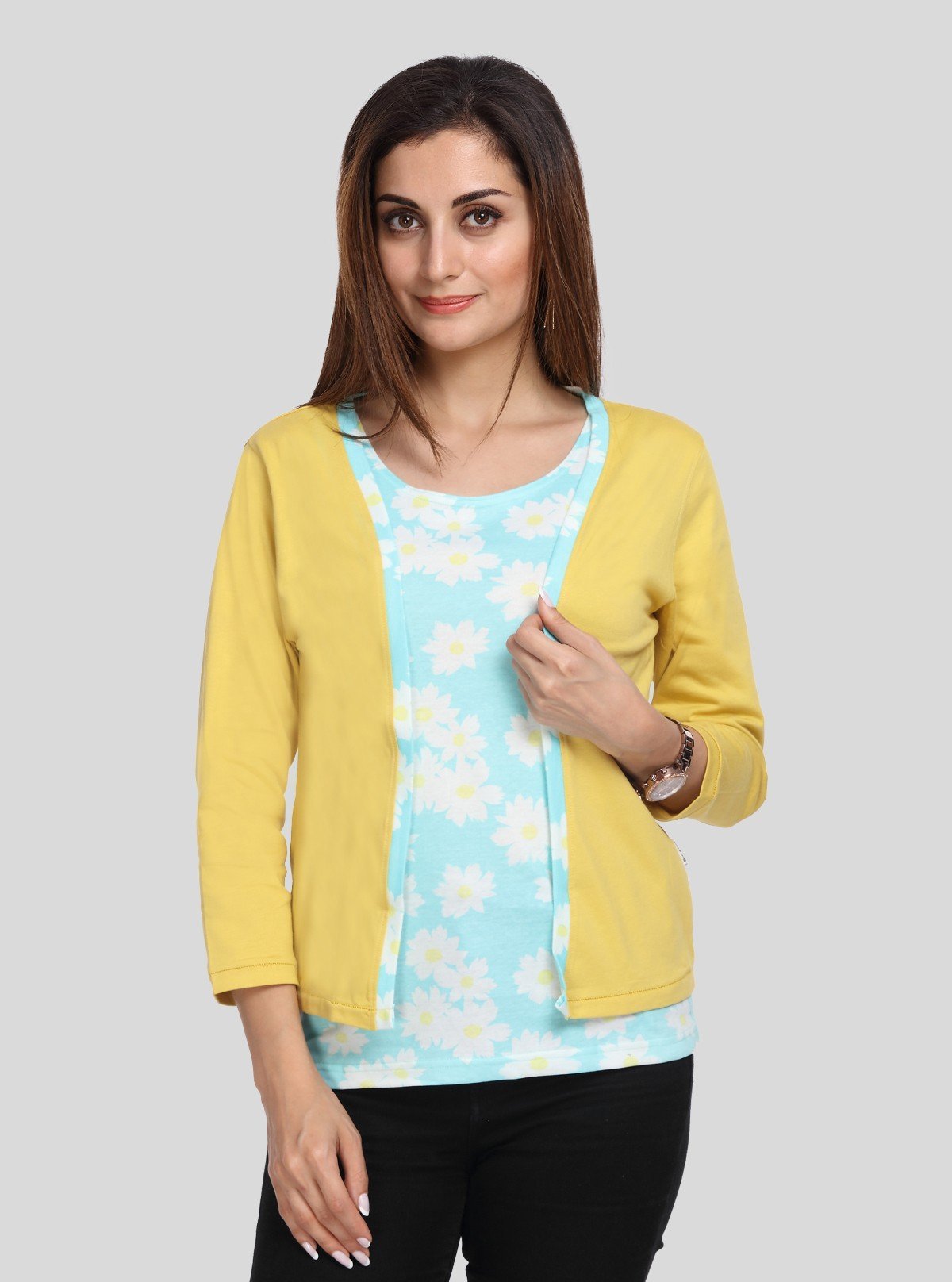 Women's Yellow Cotton Shrug with Blue Floral Print Top – Boer and Fitch - Boer and Fitch