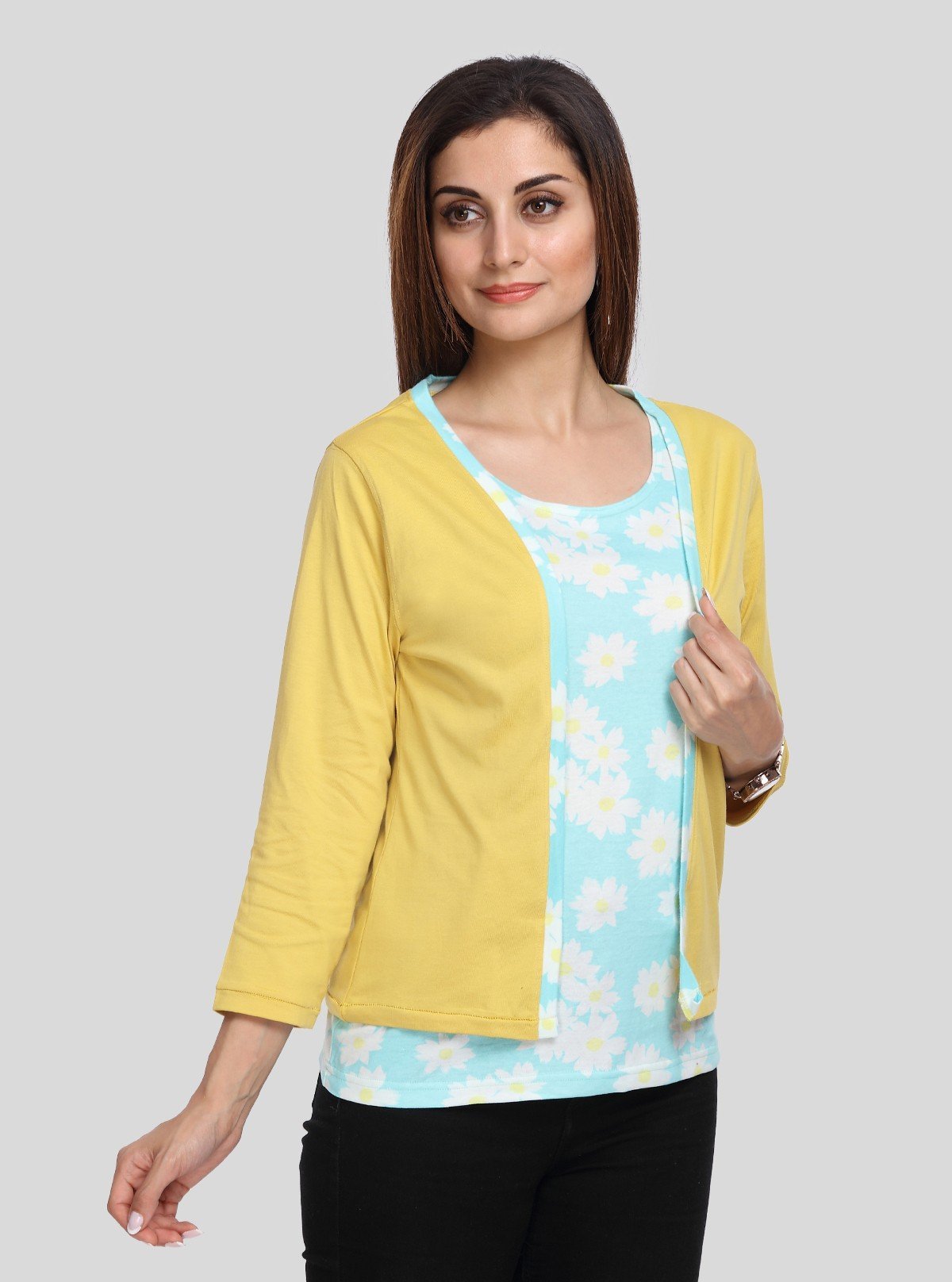 Women's Yellow Cotton Shrug with Blue Floral Print Top – Boer and Fitch - Boer and Fitch