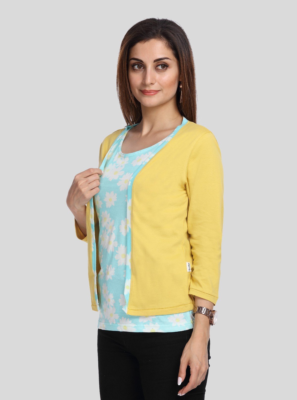 Women's Yellow Cotton Shrug with Blue Floral Print Top – Boer and Fitch - Boer and Fitch