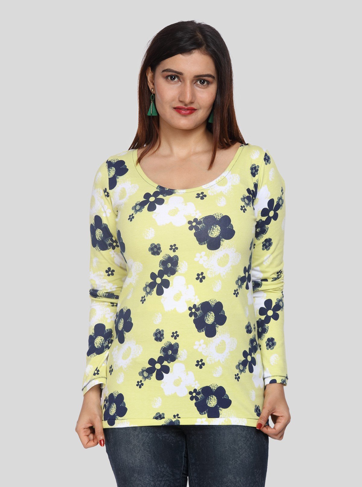 Women's Yellow Floral Print Scoop Neck Long Sleeve Top in Cotton Jersey - Boer and Fitch