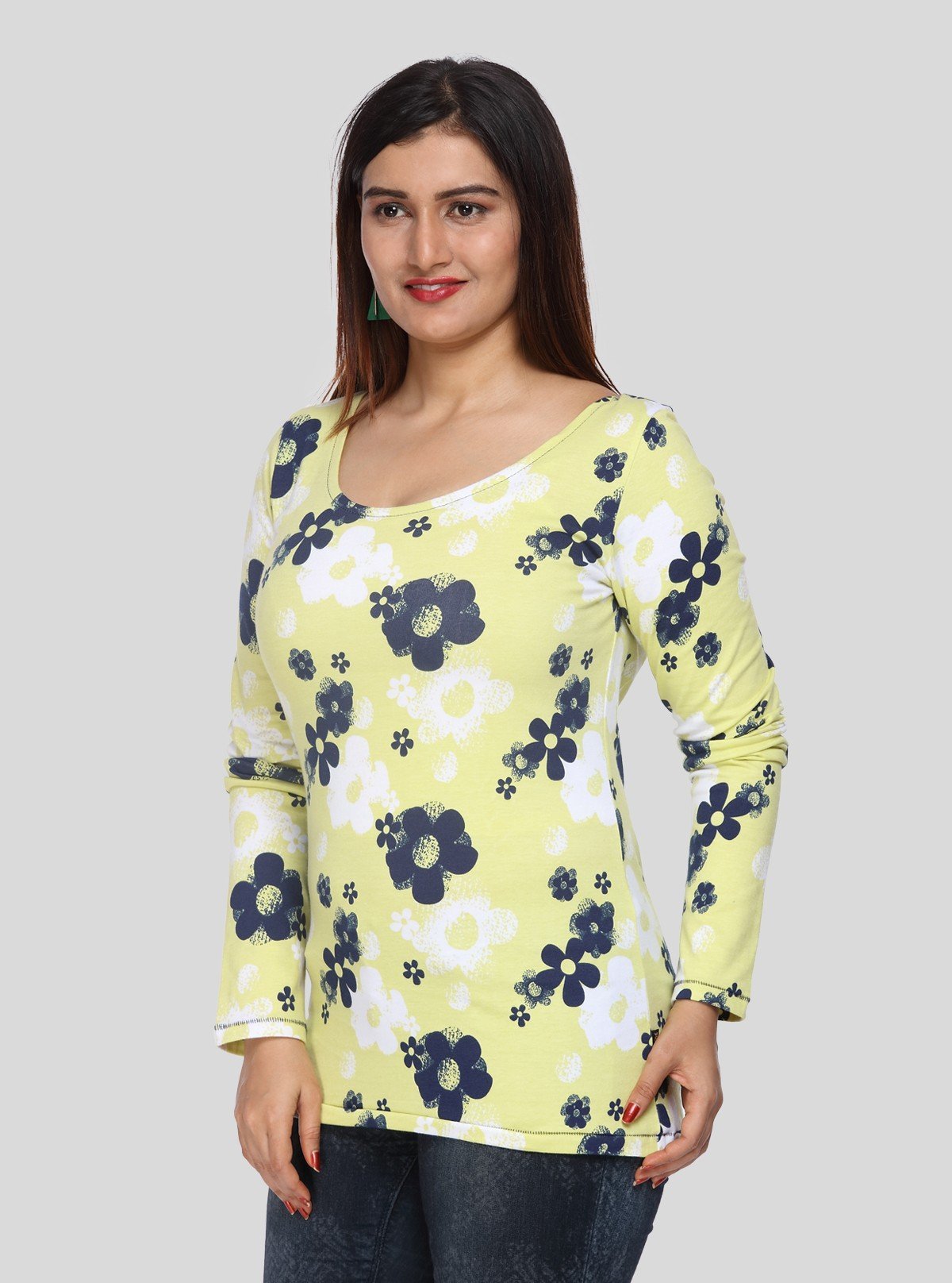 Women's Yellow Floral Print Scoop Neck Long Sleeve Top in Cotton Jersey - Boer and Fitch