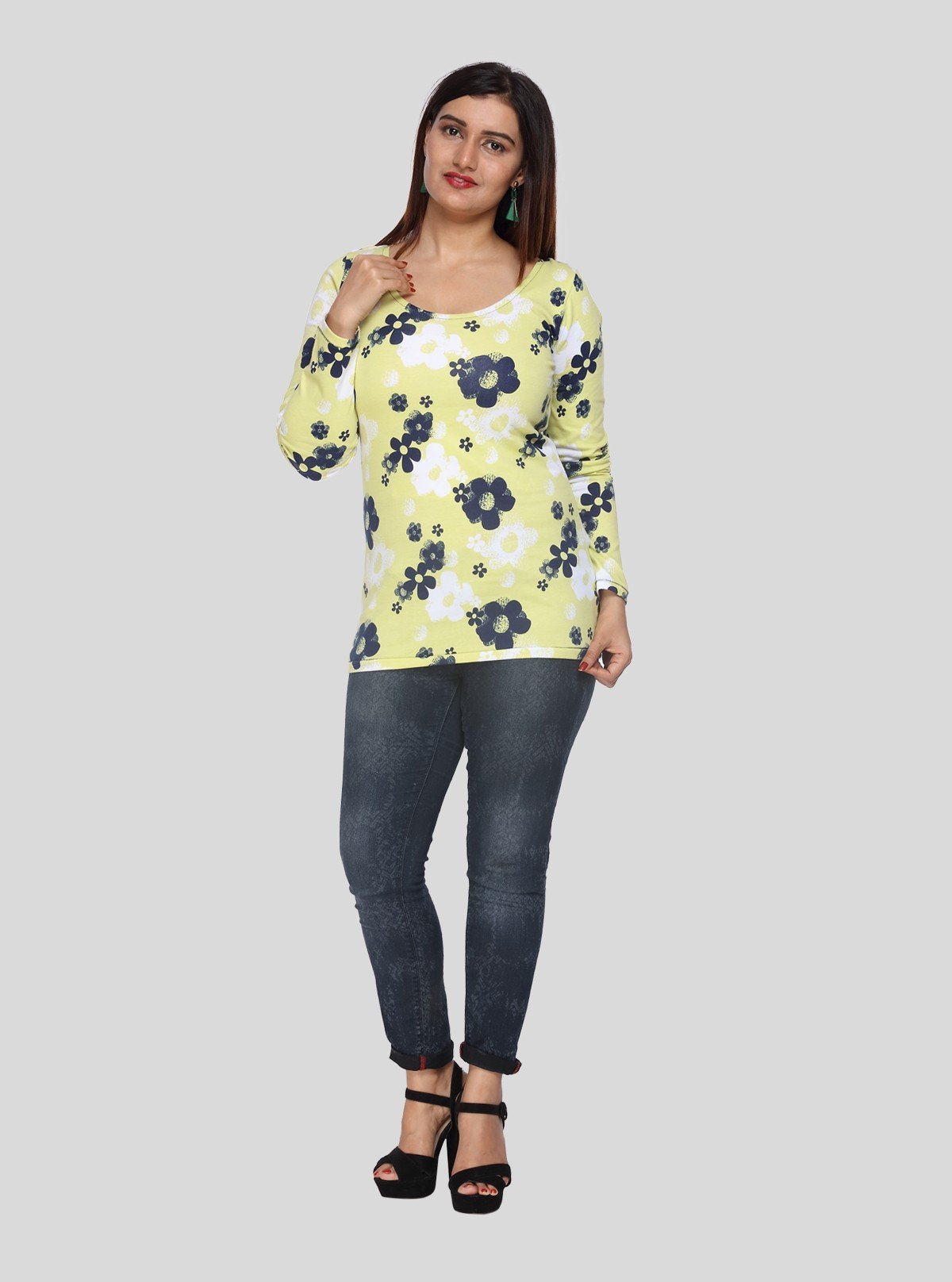 Women's Yellow Floral Print Scoop Neck Long Sleeve Top in Cotton Jersey - Boer and Fitch