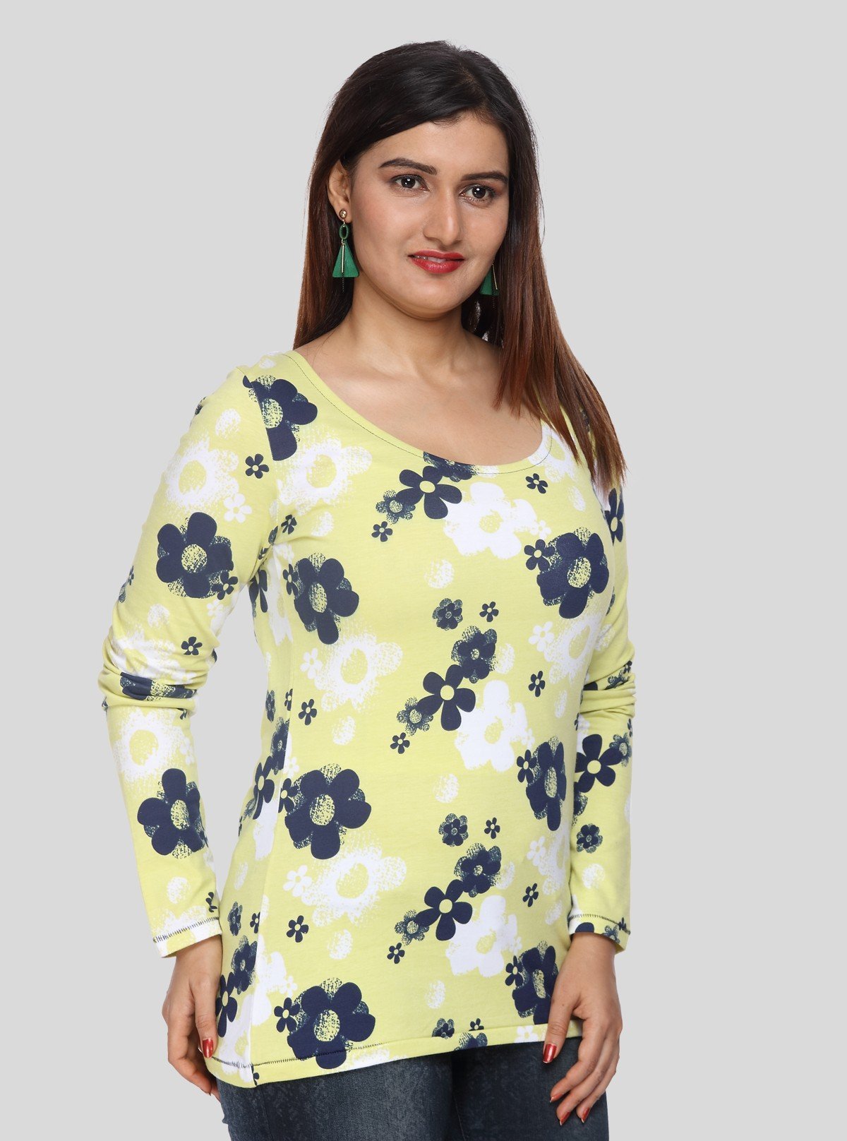 Women's Yellow Floral Print Scoop Neck Long Sleeve Top in Cotton Jersey - Boer and Fitch