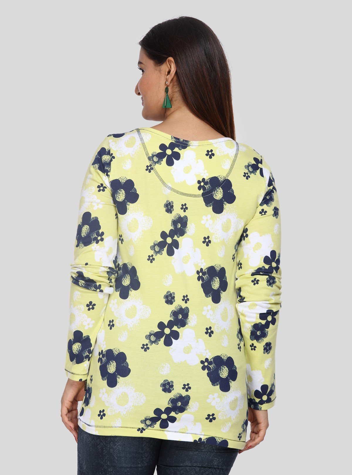 Women's Yellow Floral Print Scoop Neck Long Sleeve Top in Cotton Jersey - Boer and Fitch