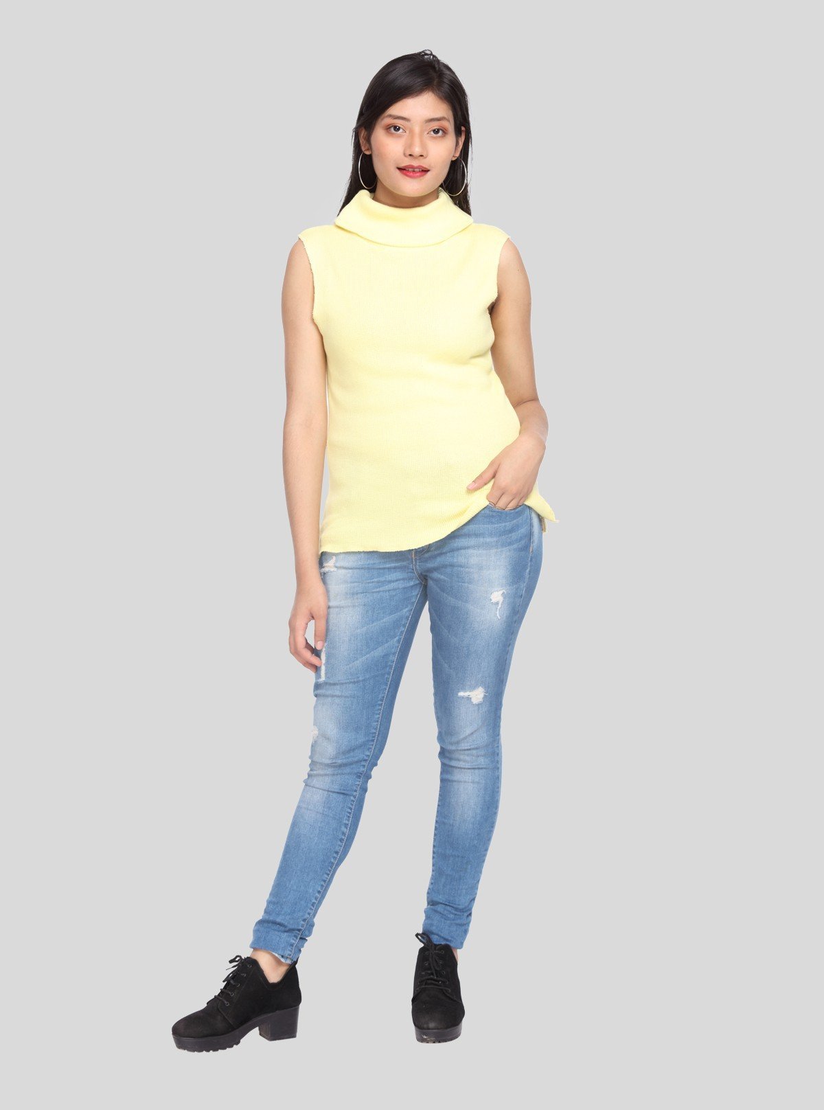 Women’s Yellow Sleeveless Turtle Neck Ribbed Cotton Top - Boer and Fitch