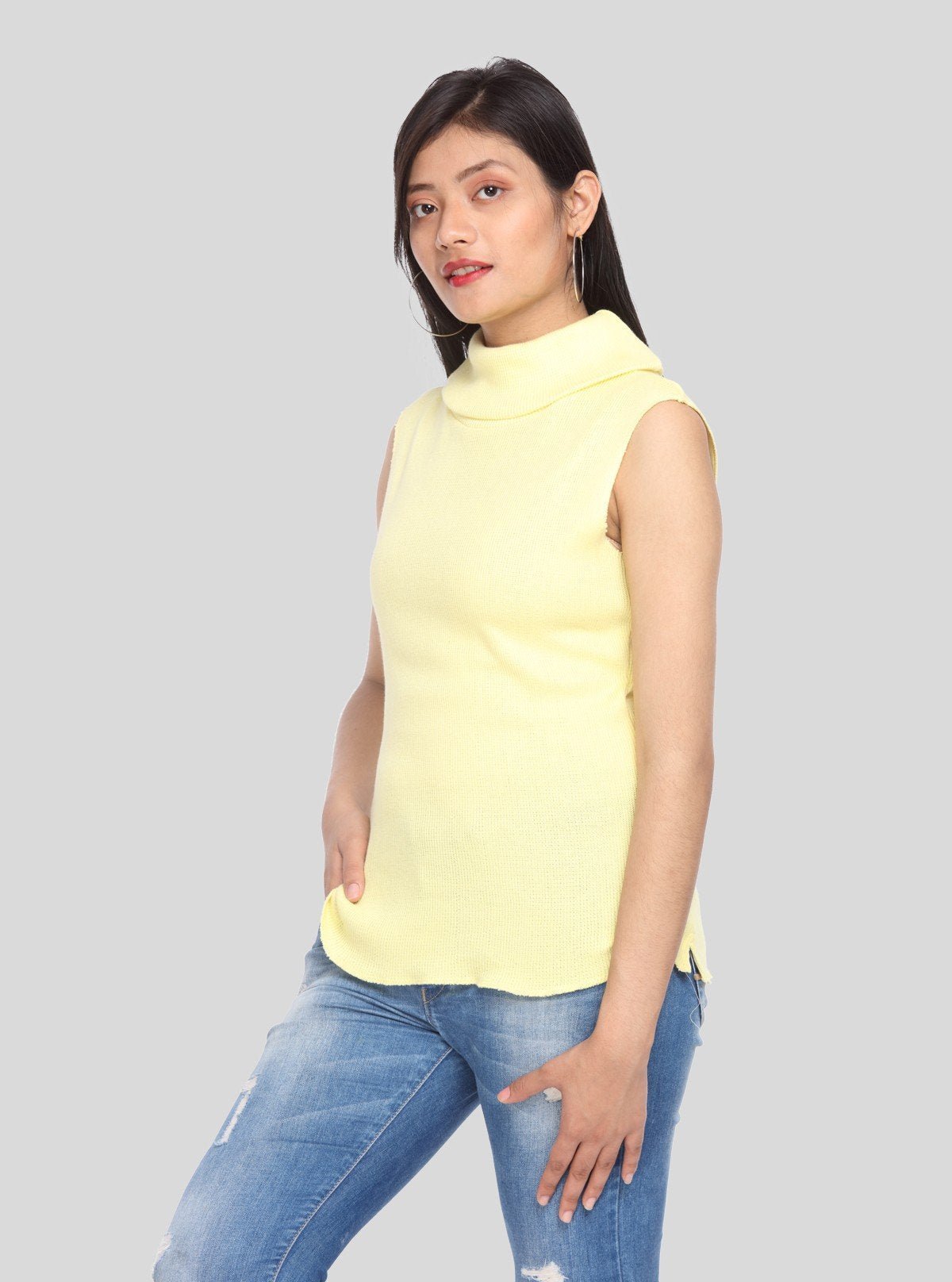 Women’s Yellow Sleeveless Turtle Neck Ribbed Cotton Top - Boer and Fitch