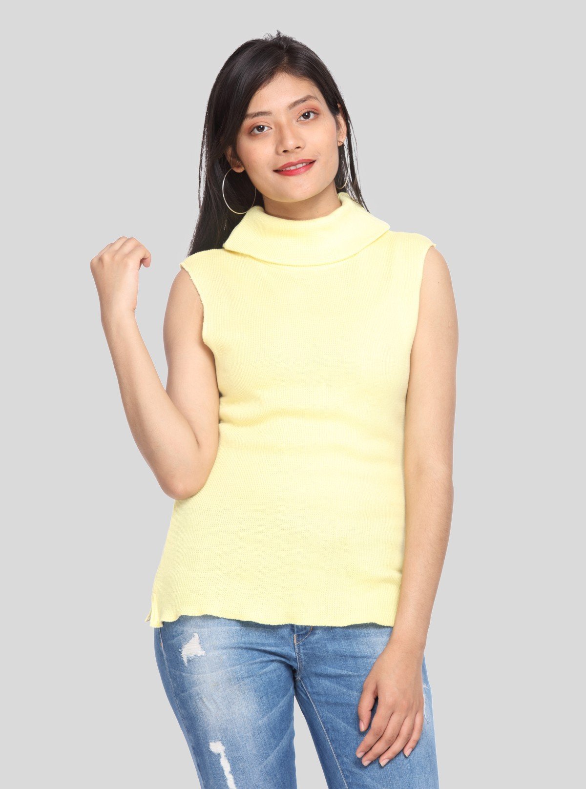 Women’s Yellow Sleeveless Turtle Neck Ribbed Cotton Top - Boer and Fitch