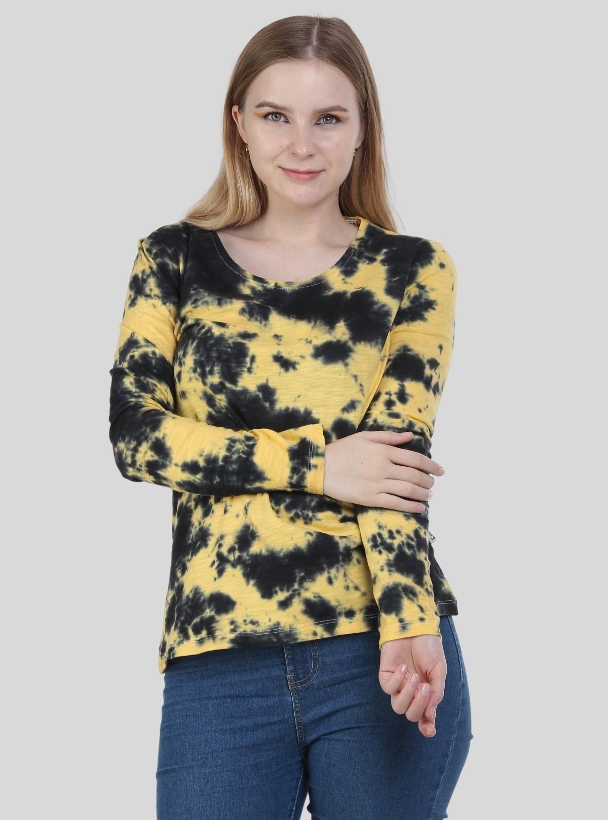 Women's Yellow with Black Tie - Dye Crew Neck Long Sleeve Cotton Jersey T-Shirt by Boer and Fitch - Boer and Fitch