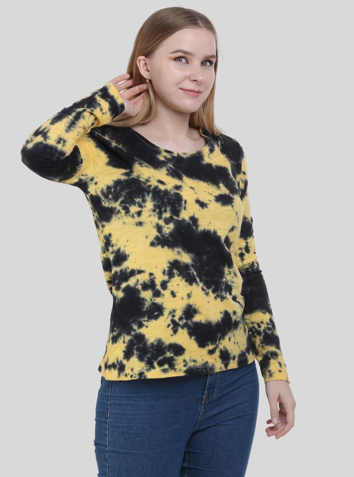 Women's Yellow with Black Tie - Dye Crew Neck Long Sleeve Cotton Jersey T-Shirt by Boer and Fitch - Boer and Fitch