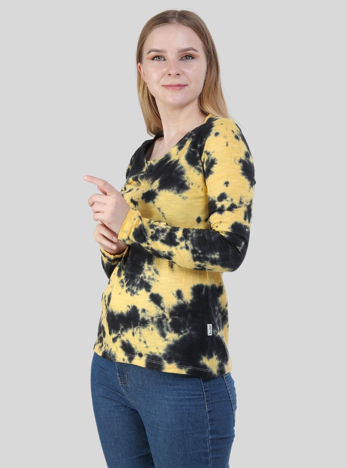 Women's Yellow with Black Tie - Dye Crew Neck Long Sleeve Cotton Jersey T-Shirt by Boer and Fitch - Boer and Fitch