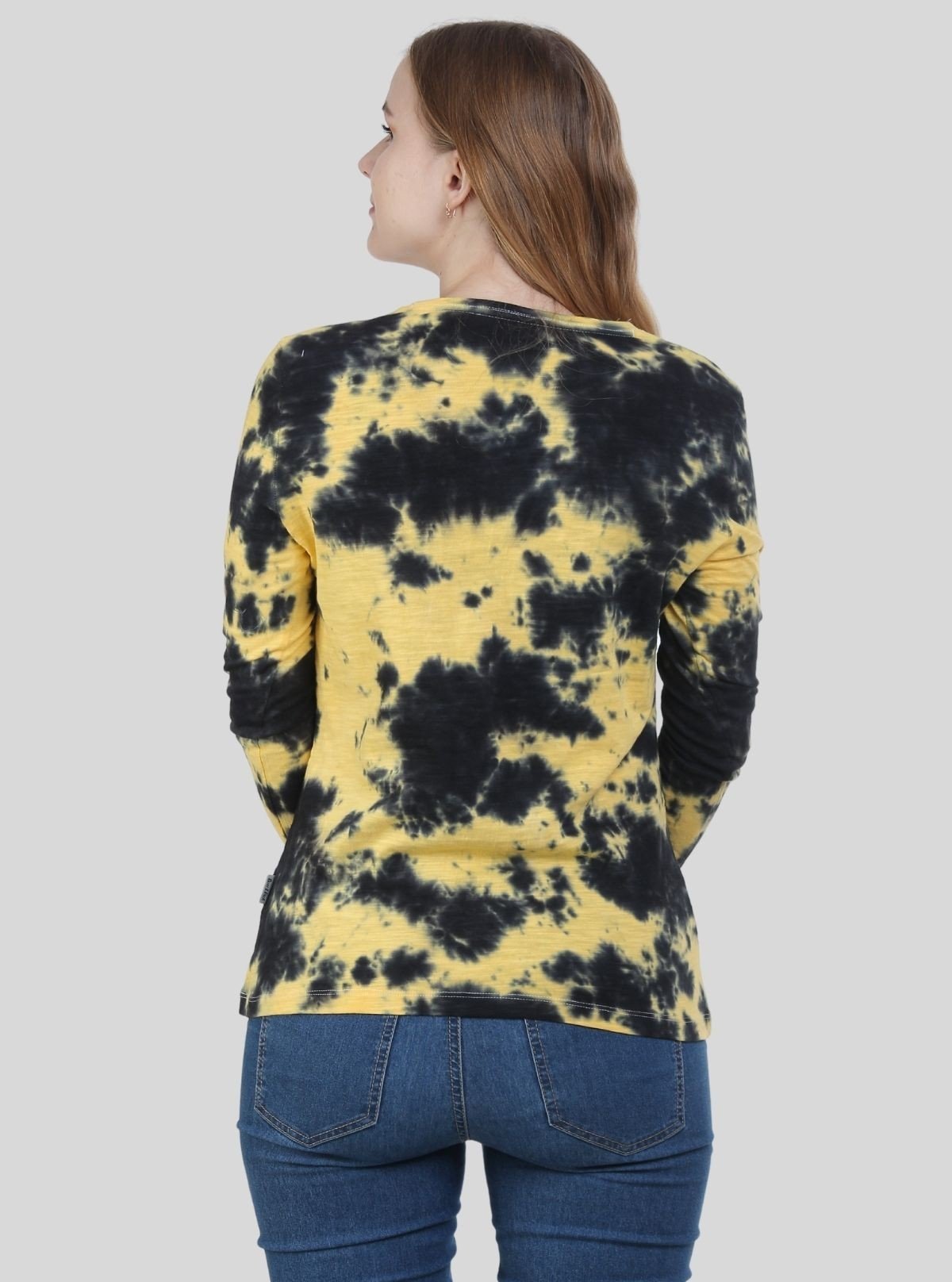 Women's Yellow with Black Tie - Dye Crew Neck Long Sleeve Cotton Jersey T-Shirt by Boer and Fitch - Boer and Fitch