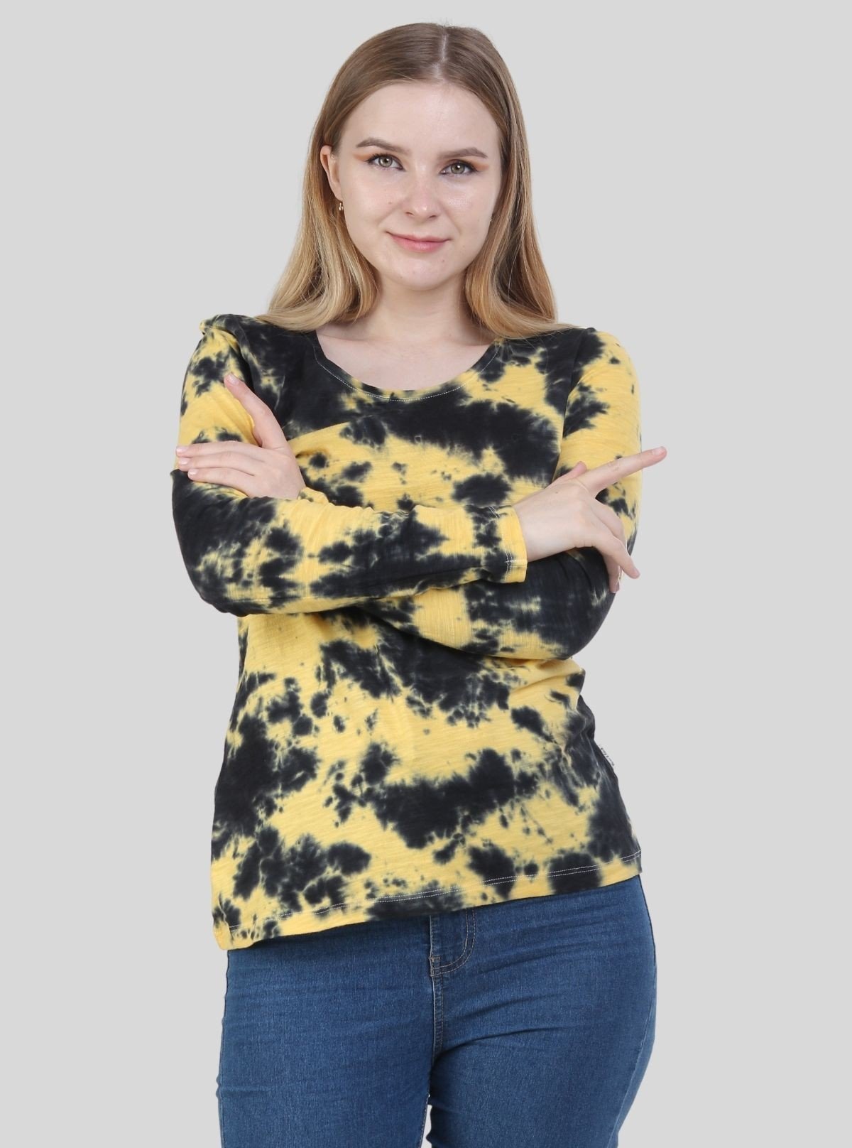 Women's Yellow with Black Tie - Dye Crew Neck Long Sleeve Cotton Jersey T-Shirt by Boer and Fitch - Boer and Fitch